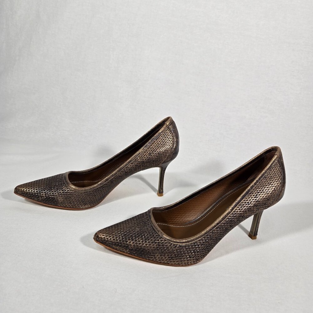 DONALD J PLINER Gold Metallic Brush Off LEATHER Pointed Toe Heel Pumps Size 8.5M - Picture 3 of 17